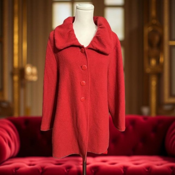 Alfani Red Wool Jacket- Red Wool Coat / round neck button down Size Large - Picture 2 of 12